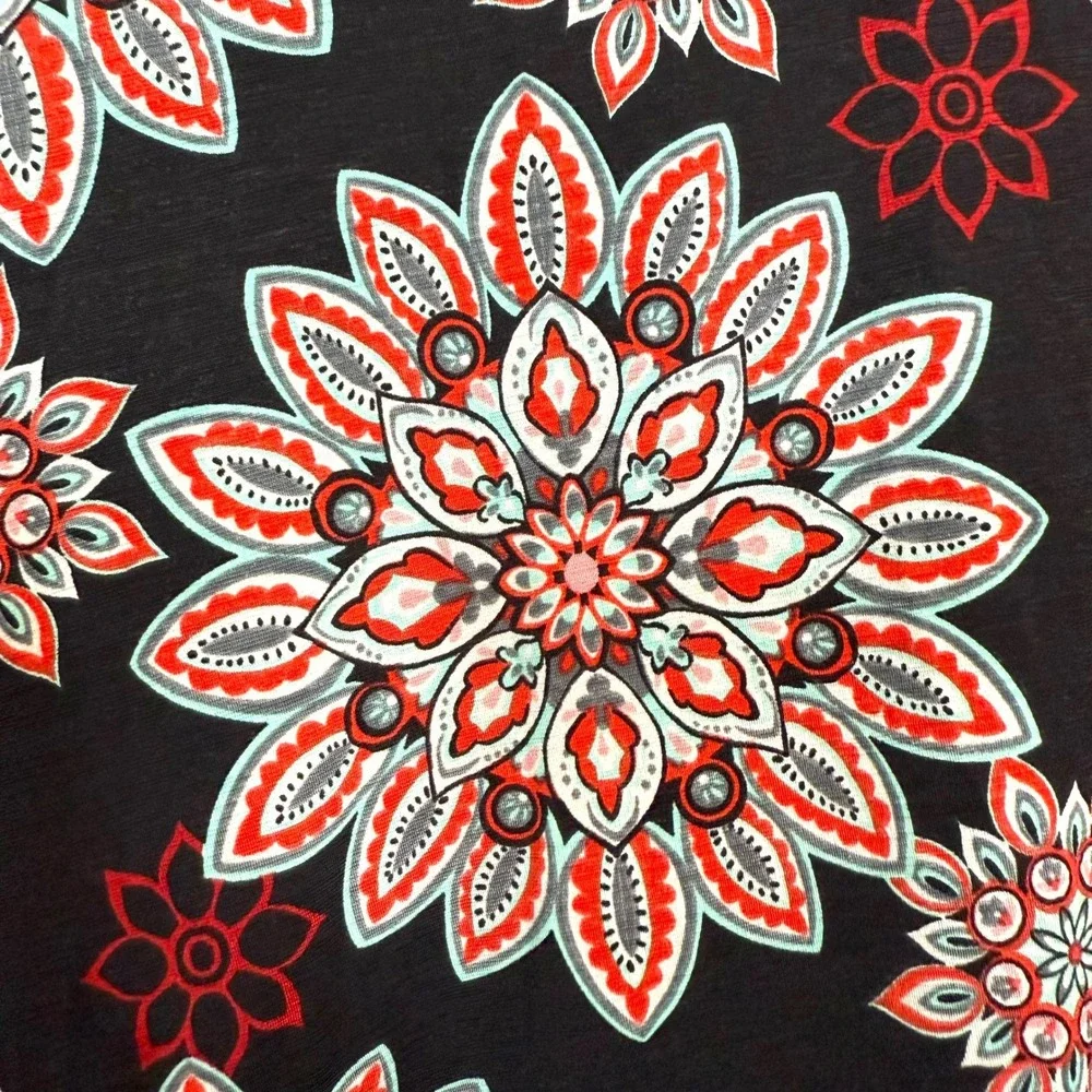 Dazzle Up Black Red Floral Print 3/4 Sleeve Tunic Top USA Made - Picture 2 of 3